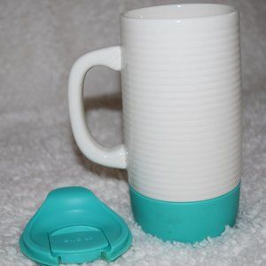 Ello Jane Mug Ceramic Coffee Travel Cup Aqua White 18oz with Slider Lid D93